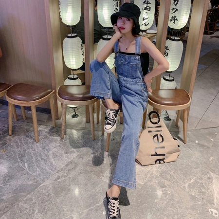 Denim wide-leg overalls for women in summer and autumn, Korean style, slimming high-waisted loose, youthful floor-length denim overalls Denim wide-leg overalls for women in summer and autumn, Korean style, slimming high-waisted loose, youthful floor-length denim overalls
